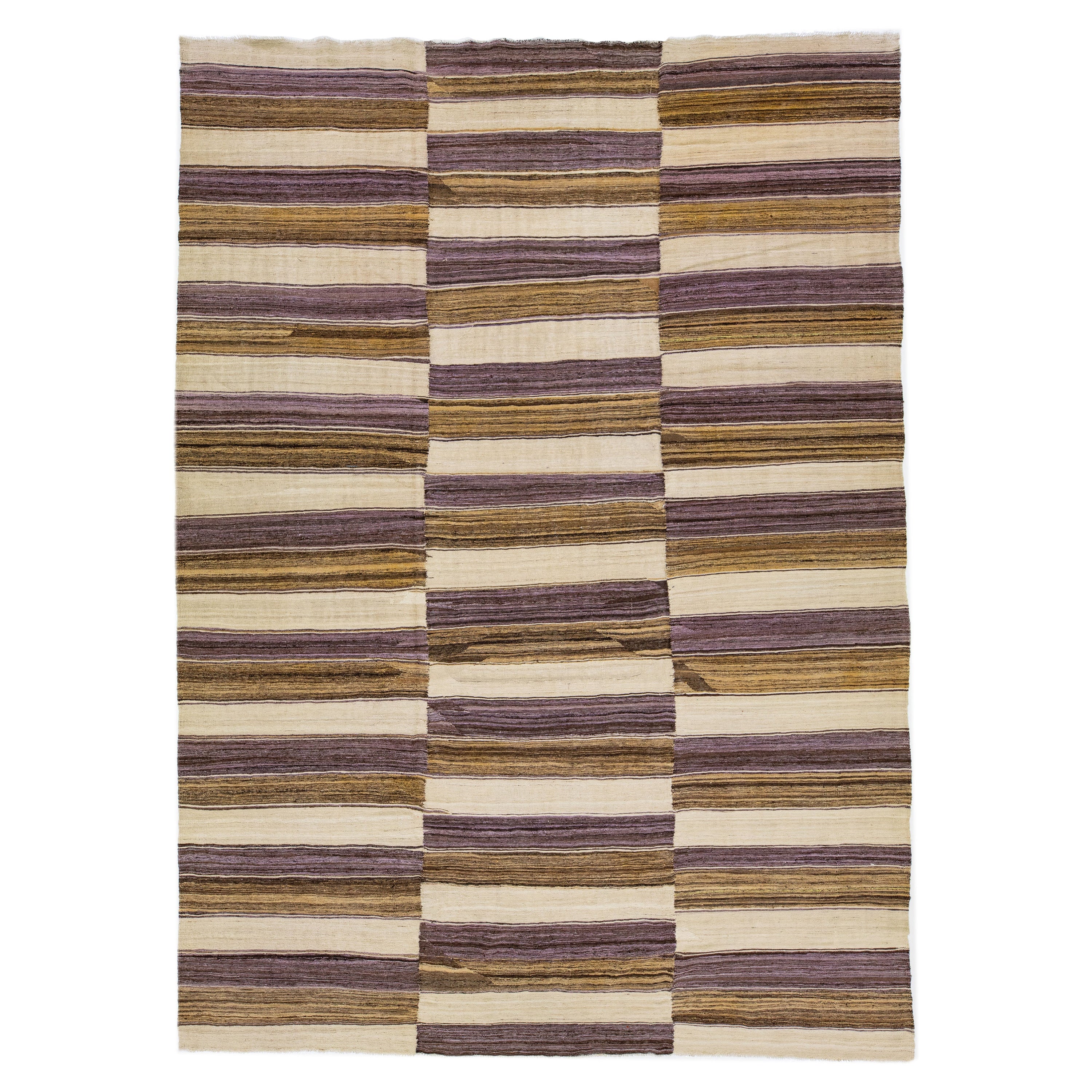 Room Size Striped Flatweave Kilim Wool Rug in Beige For Sale