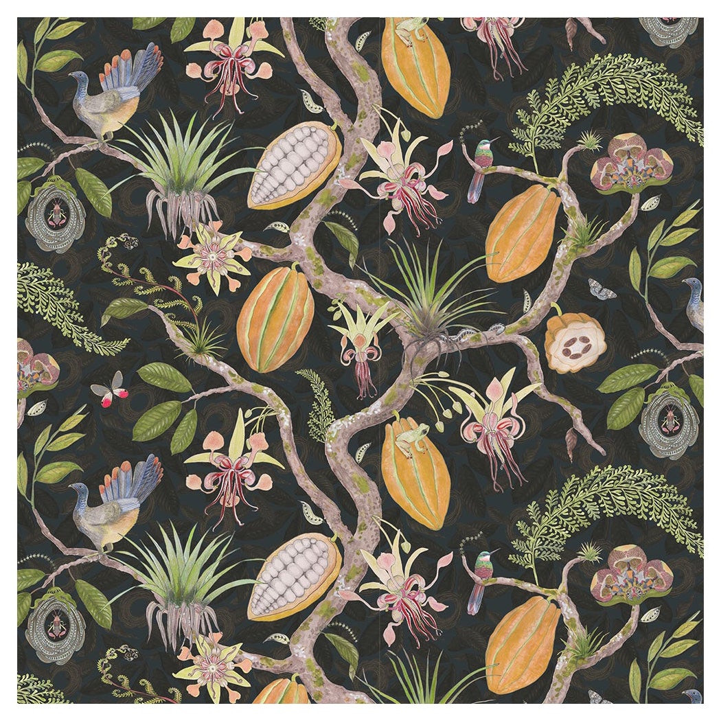 Theobroma Tree of Life Gold on Navy Wallpaper For Sale