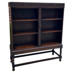 Antique English Bookcase Cabinet Hinged Hidden Storage Barley Twist Oak c. 1920s