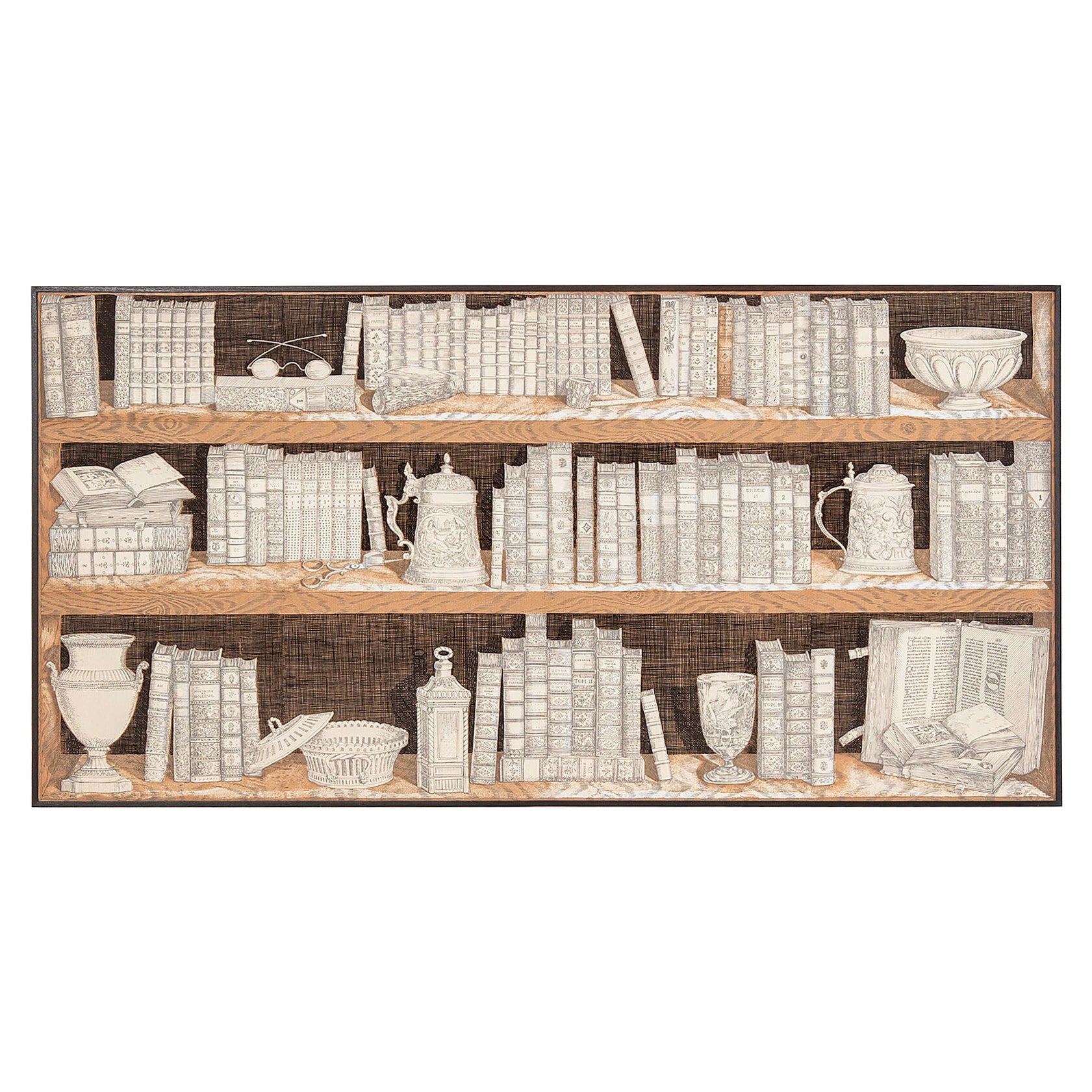 20th Century Piero Fornasetti Decorative Panel with Bookcase Print, 1980s