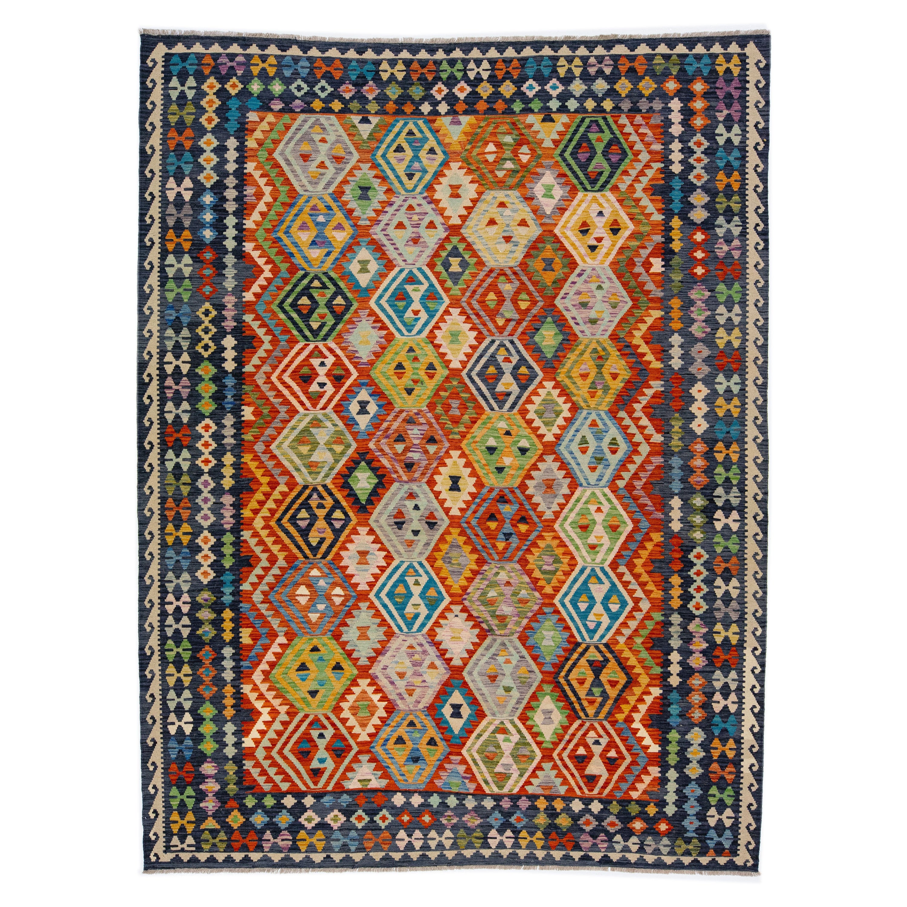 Modern Flatweave Kilim Wool Rug with Allover Multicolor Design For Sale