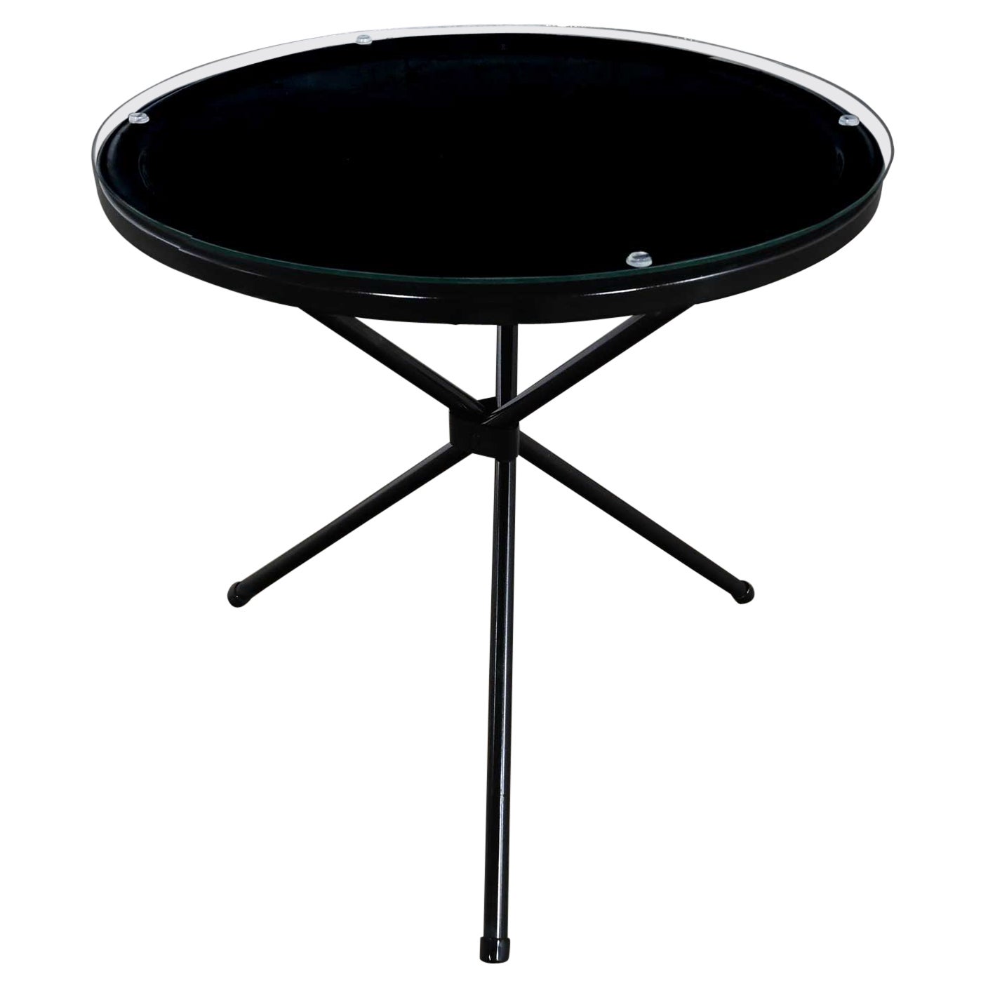 Table d'appoint ronde d'extérieur MCM à trois pieds en métal peint en noir avec plateau en verre