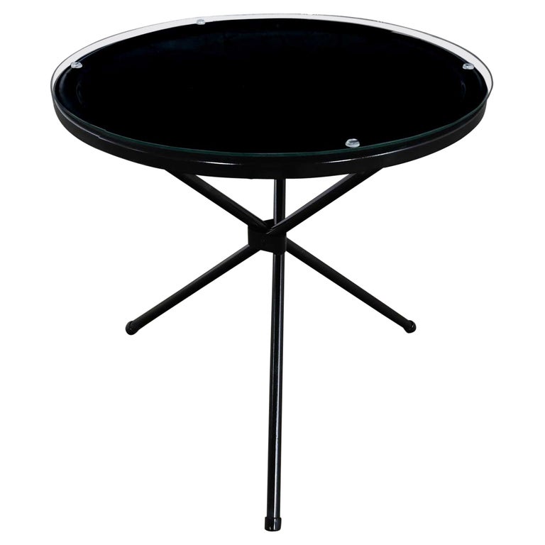 MCM Round Metal Outdoor Black Painted Tripod Accent Table with Glass