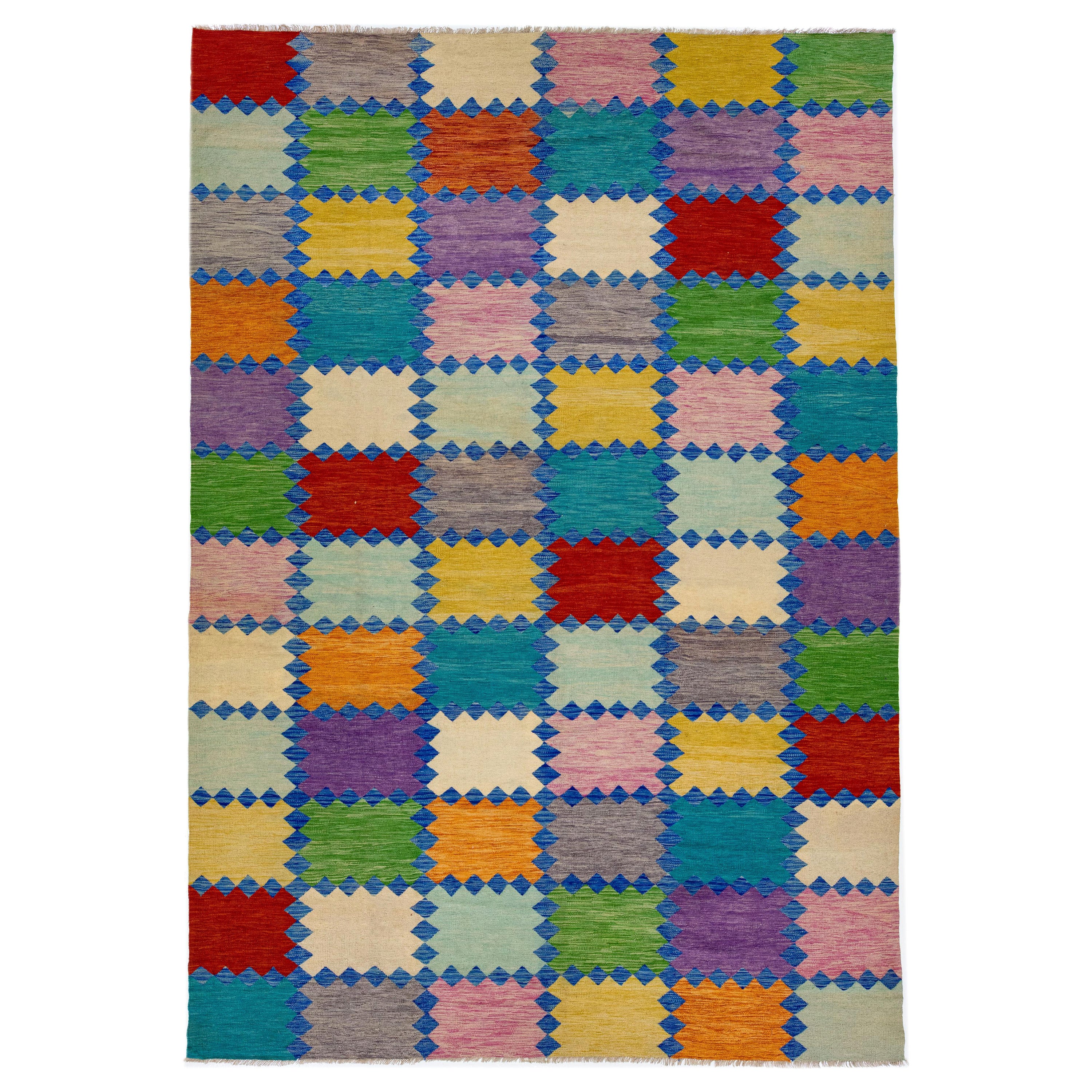 Moderner mehrfarbiger Flachgewebe-Kelim-Wollteppich mit geometrischem Muster im Angebot