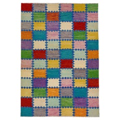 Tapis Kilim moderne multicolore en laine tissé à plat avec motif géométrique