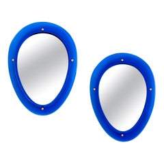 Pair of Blue Oval Shaped Glass Mirrors, Italy, 1960s