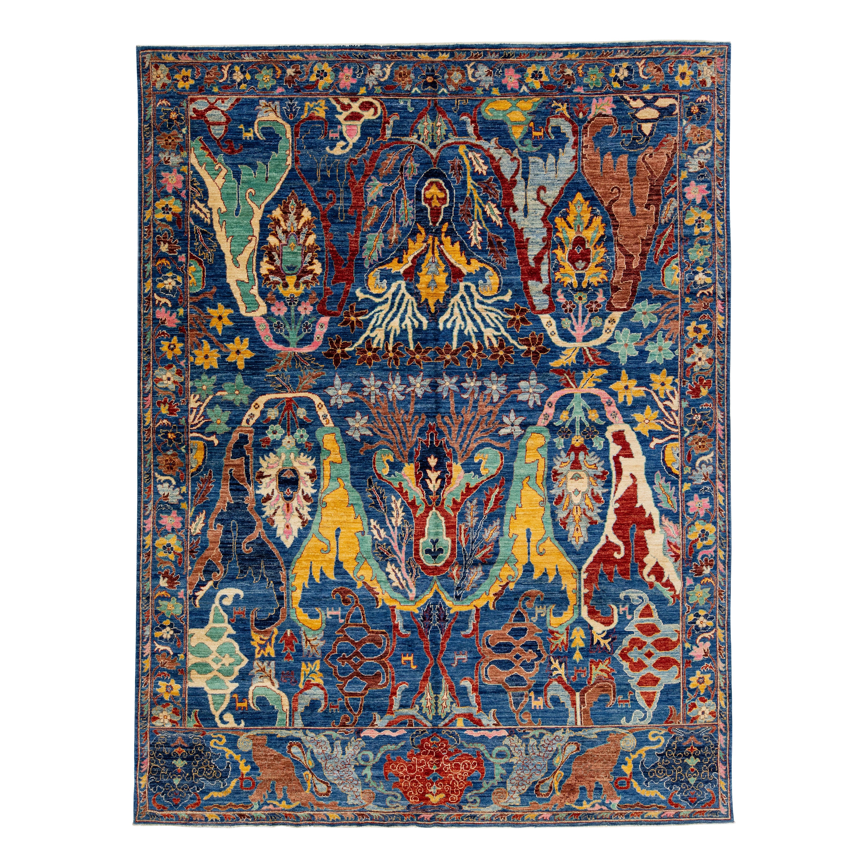 Zeitgenössischer blauer Wollteppich im Bidjar-Stil, handgefertigt mit Allover-Motiv 