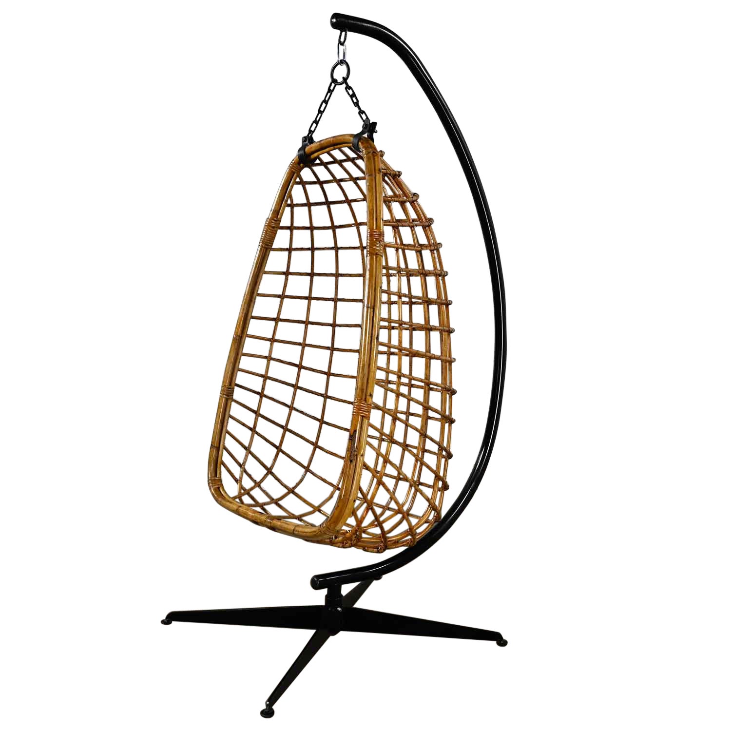 Mid-Century Modern Wicker Rattan Hanging Basket Chair & Black Painted Stand
