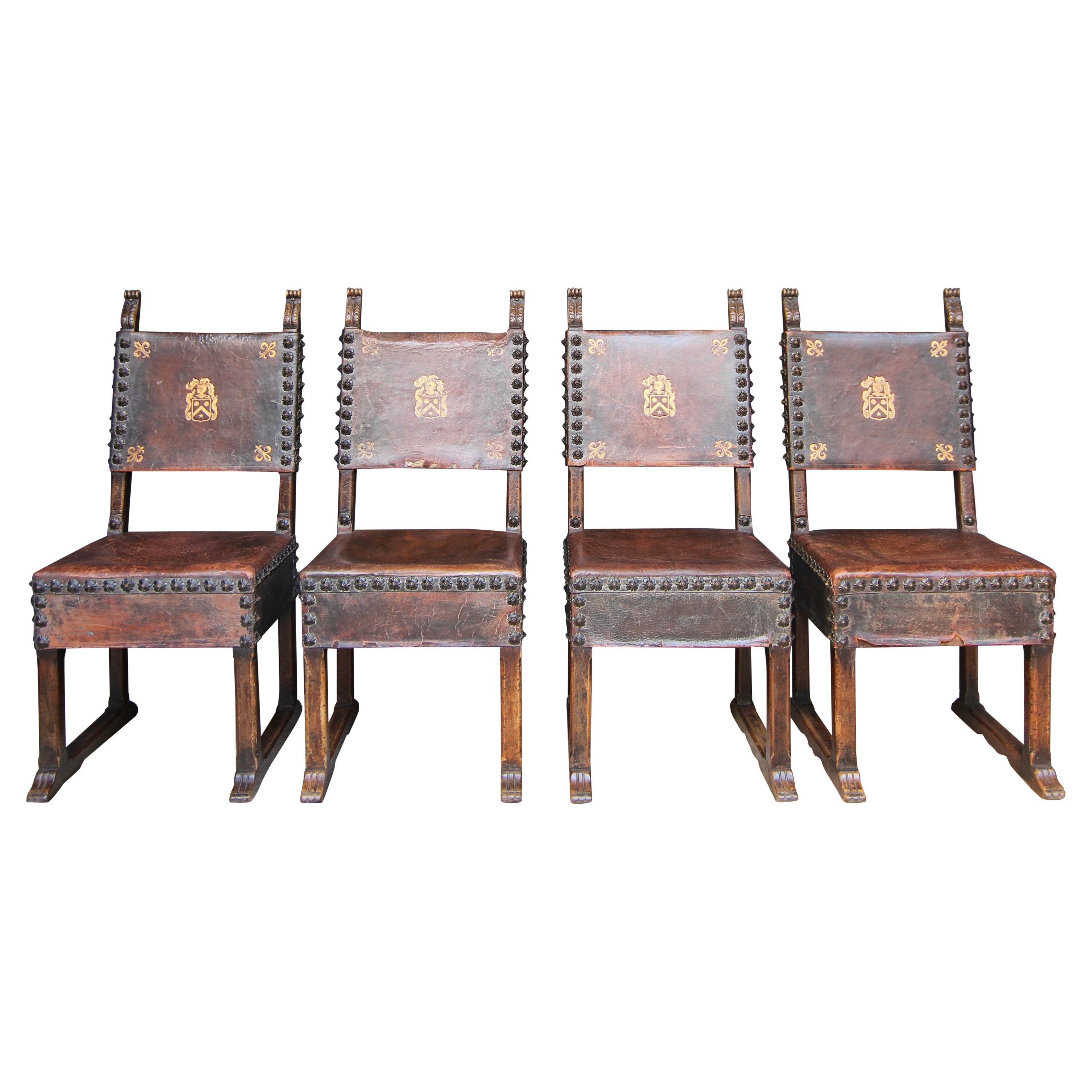 Set of 4 Walnut and Leather Renaissance Style Chairs by Krieger For Sale