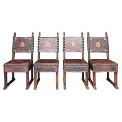 Antique Set of 4 Walnut and Leather Renaissance Style Chairs by Krieger
