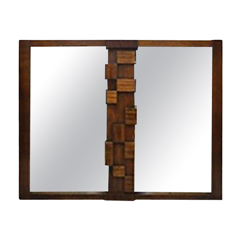 Lane Mid-Century Modern Brutalist Cubist Block Rectangular Wood Frame Mirror For Sale
