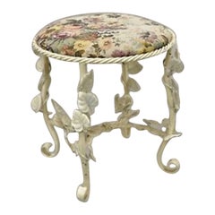 Tabouret de canapé vintage italien de style Hollywood Regency en métal blanc à fleurs en forme de corde