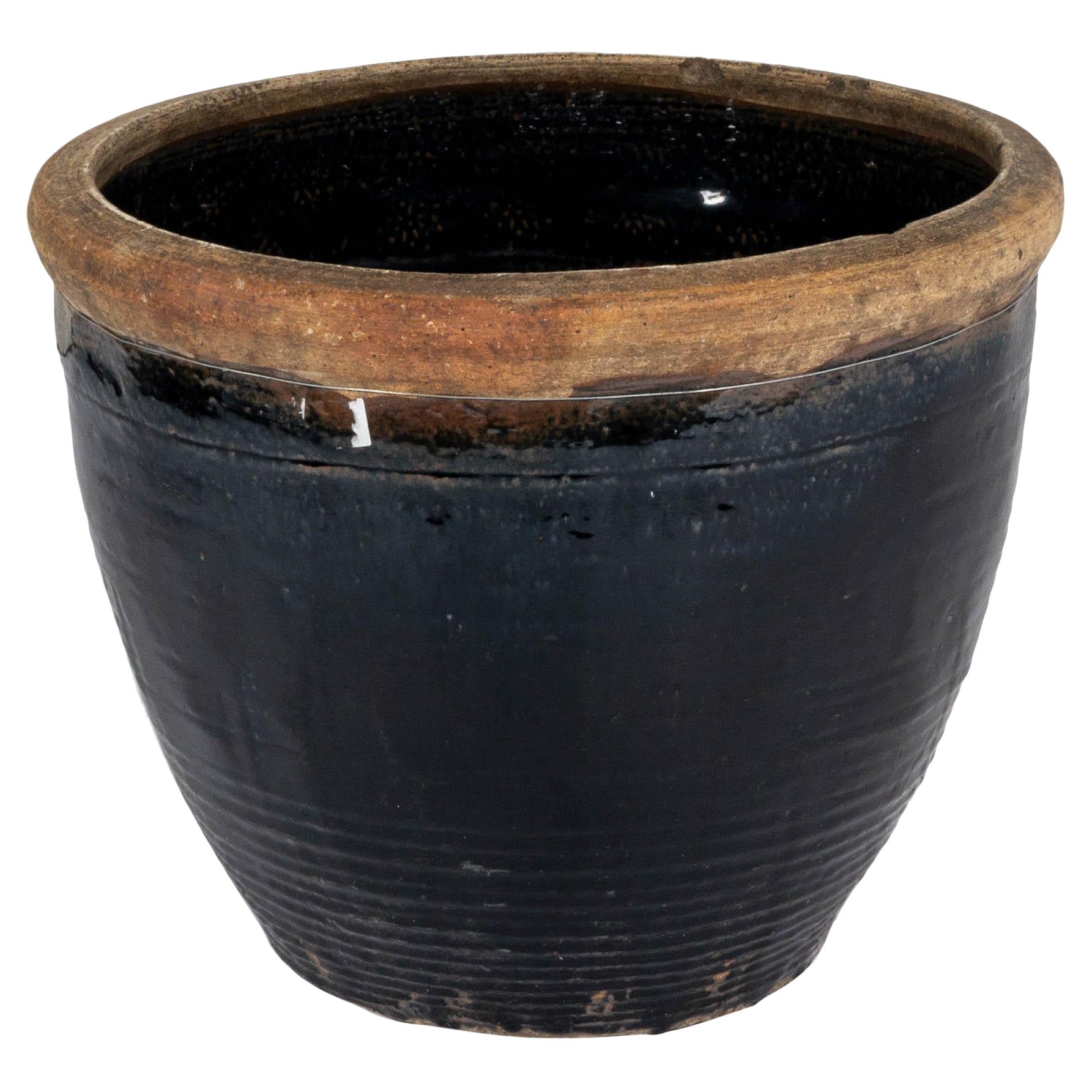 Vase de rangement court en terre cuite émaillée noire  en vente
