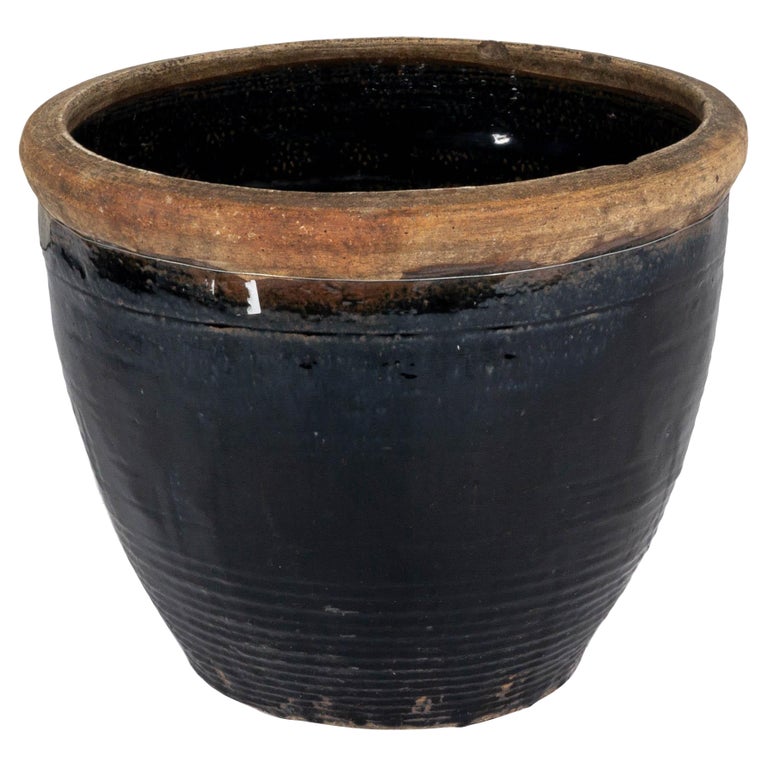 Short Black Glazed Terra Cotta Storage Vase For Sale at 1stDibs