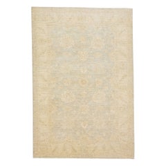 Blue Modern Indian Wool Rug Handmade with Floral Pattern