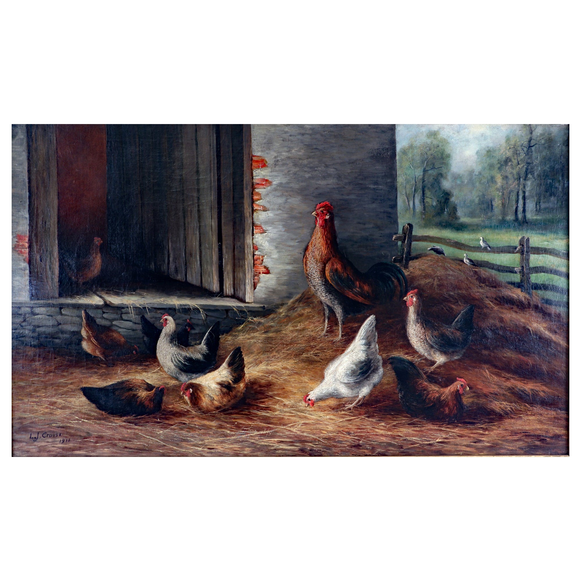 Peinture d'une scène de ferme avec des poulets, huile sur toile, signée L.J. Croisière