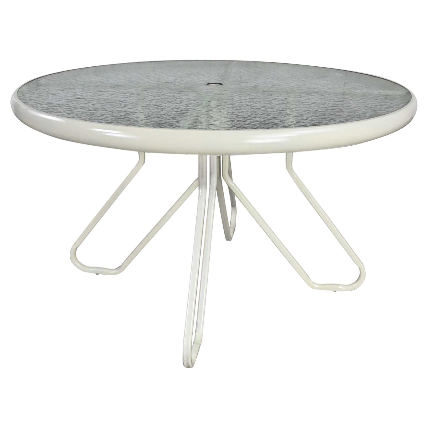 MCM Style Tropitone Outdoor Dining Table Pedestal Base Round Dimpled Glass Top For Sale