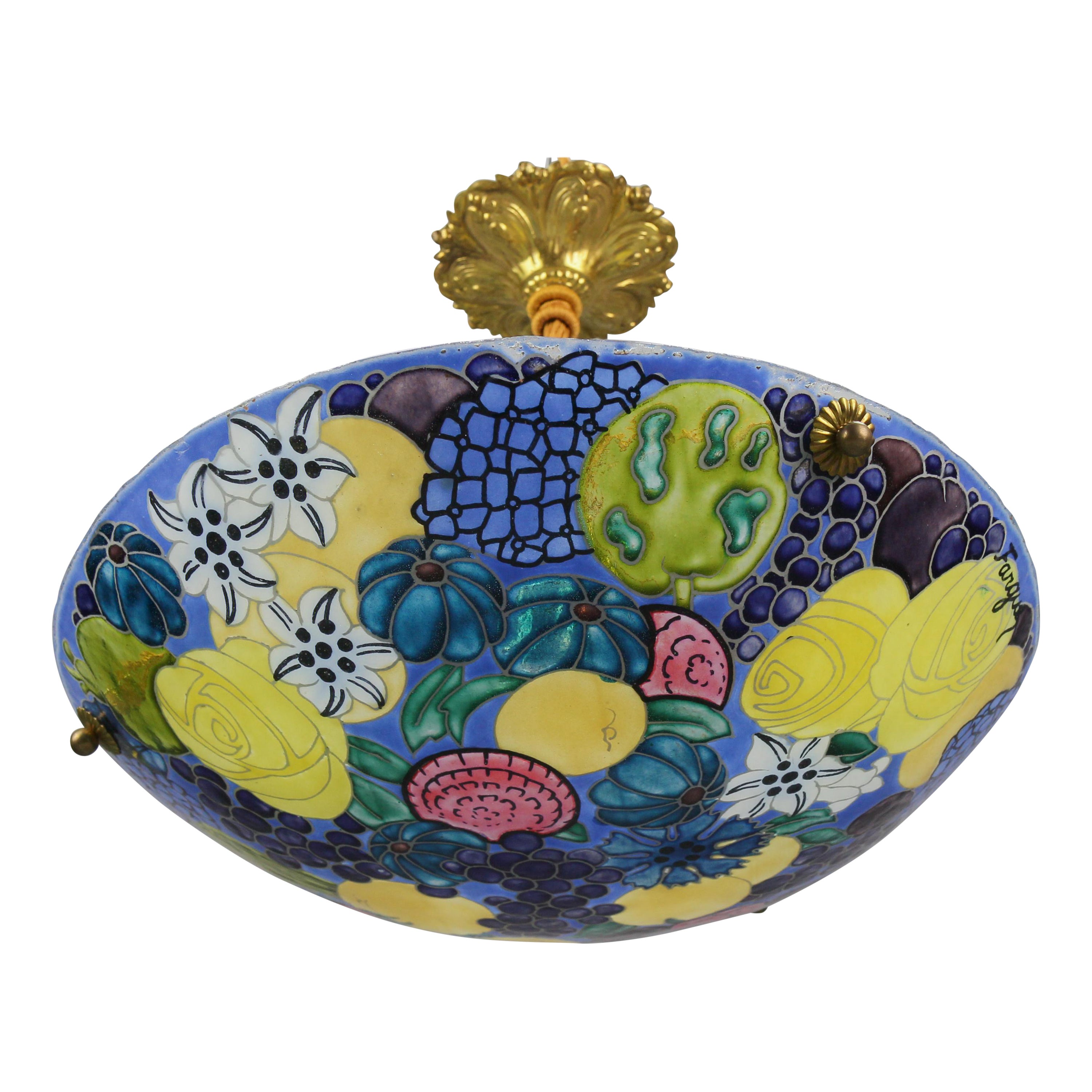 French Art Nouveau Pendant Light with Enameled Flowers and Fruits, Signed Fargue For Sale