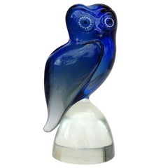 Salviati Murano Sommerso Cobalt Blue Italian Art Glass Owl Bird Figure Sculpture