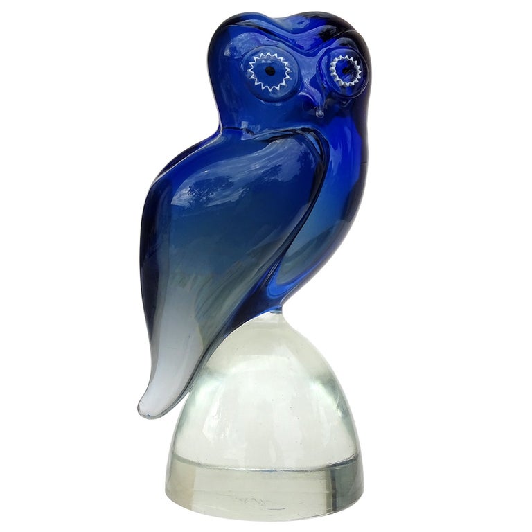 Salviati Murano Sommerso Cobalt Blue Italian Art Glass Owl Bird Figure  Sculpture For Sale at 1stDibs