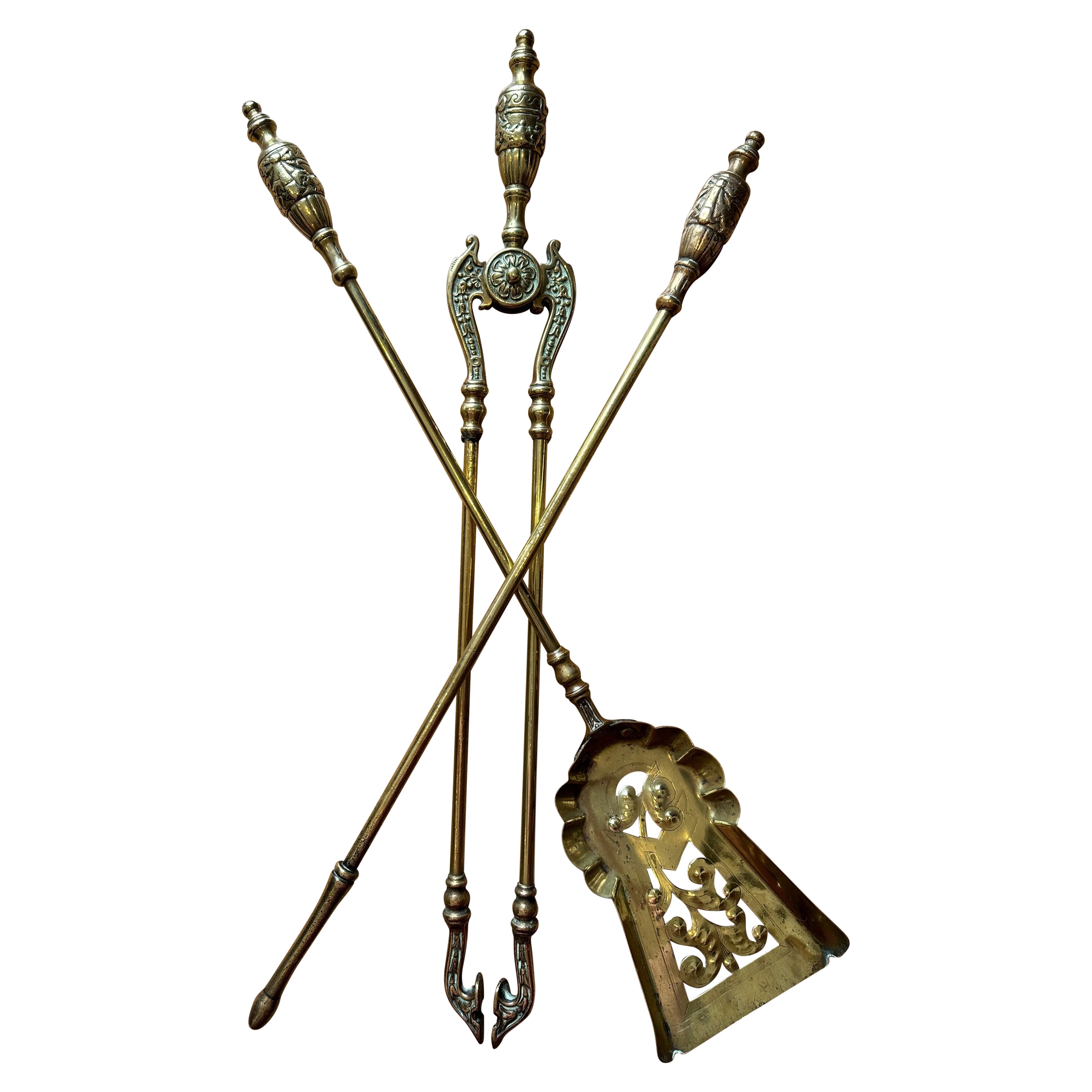 Victorian Gothic Solid Brass Fire Companion Set, Fireplace Tools, 19th Century For Sale