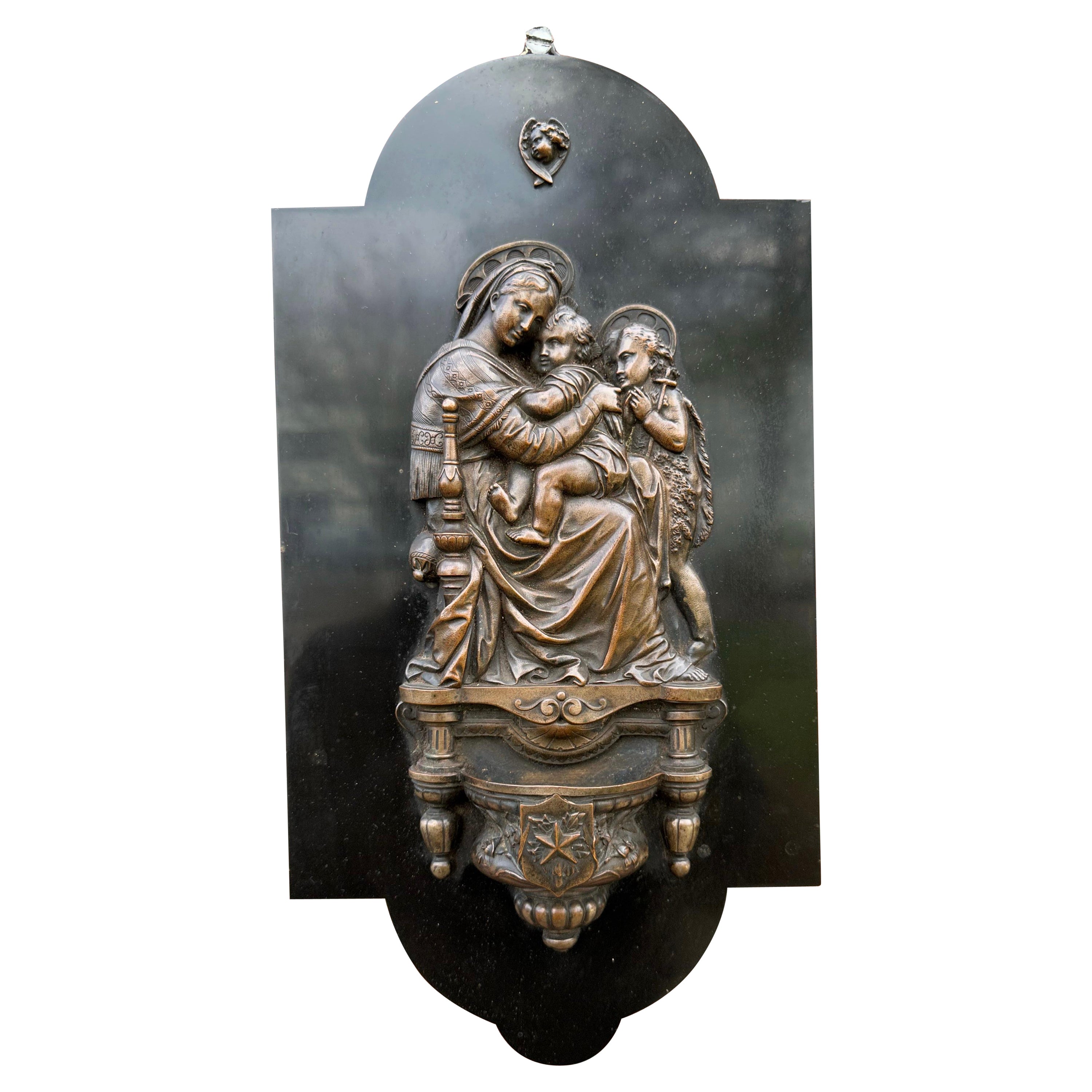 Raffaello's Madonna Della Seggiola Bronze & Marble Wall Plaque & Holy Water Font For Sale