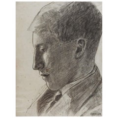 Antique Early 20th Century Portrait Drawing of Young Man