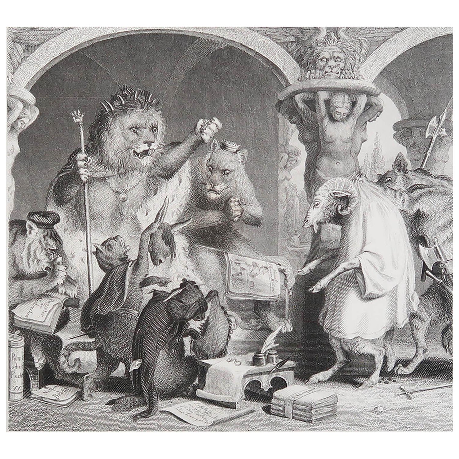 Original Antiker Druck nach H. Leutemann, Reynard, der Fuchs, der die Schraube öffnet
