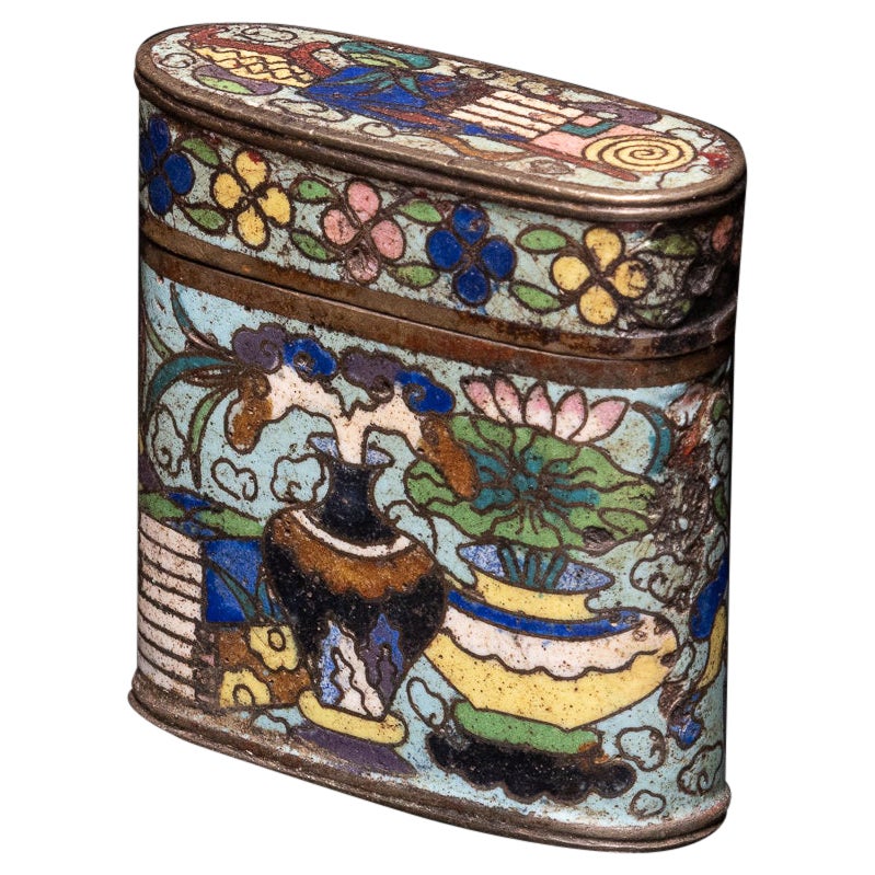 Antique Asian Chinese Opium Box in Cloisonné Enamel, Snuff Box Floral Motif