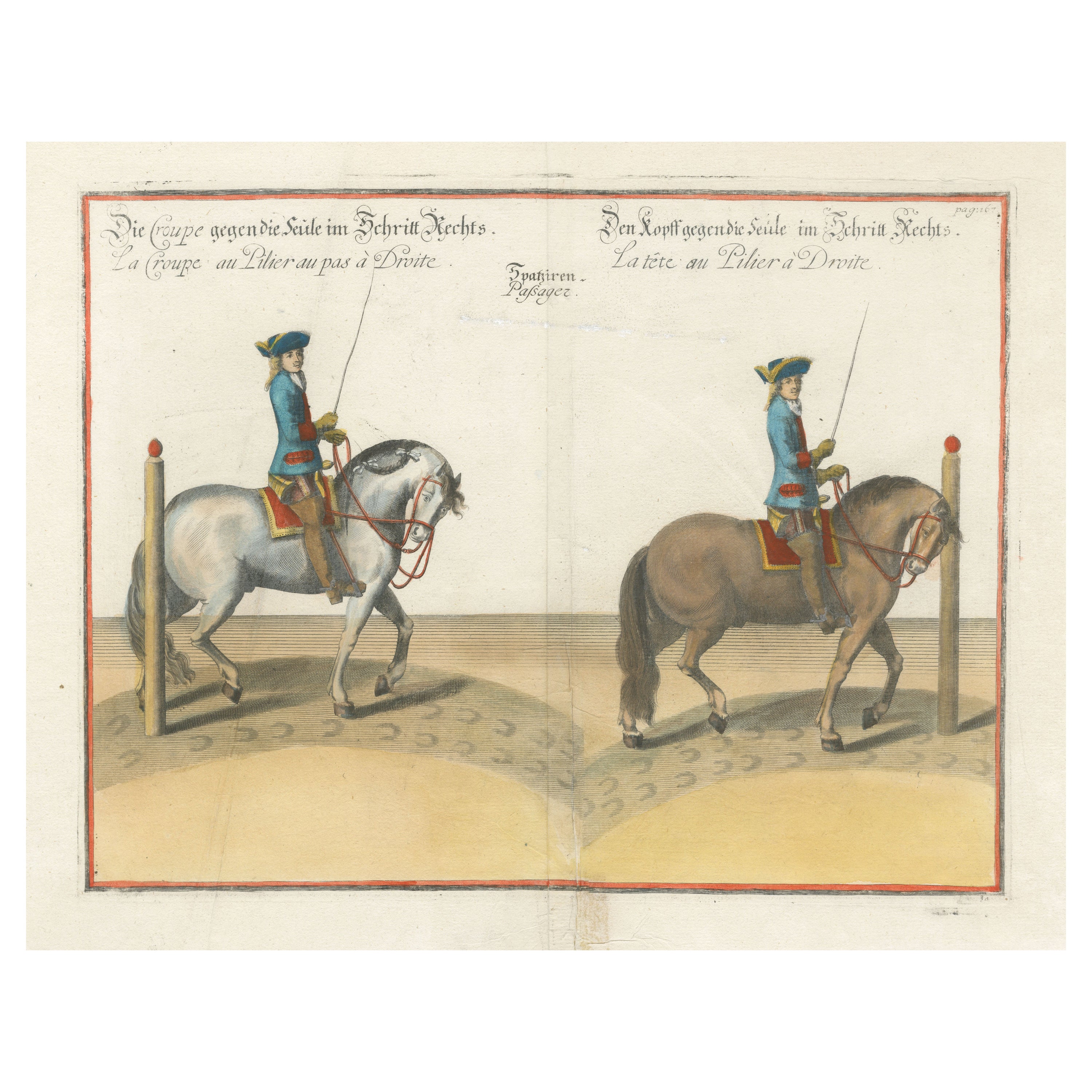 Originaler antiker Pferdereitdruck mit handkoloriertem Druck