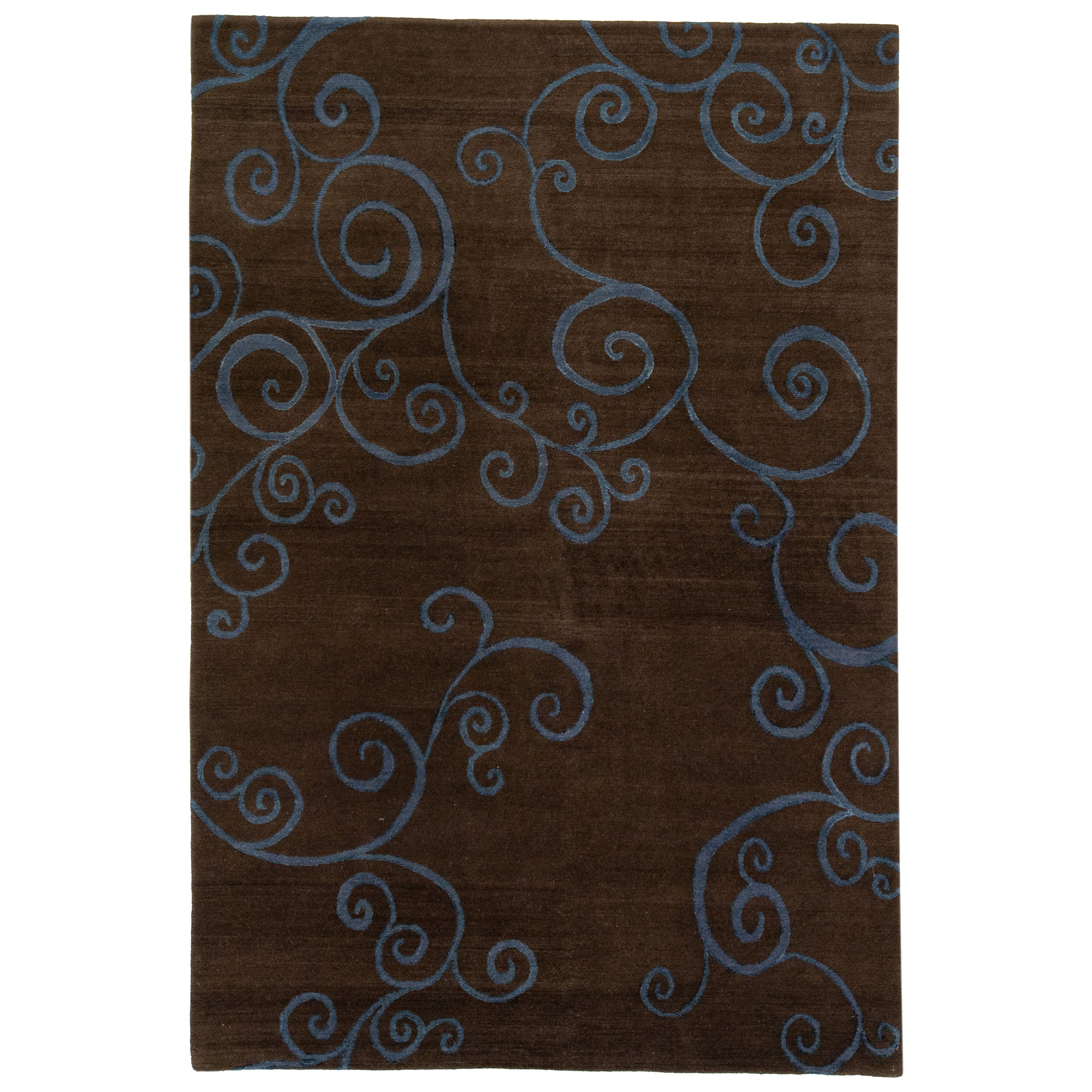 Brown Modern Shakti Wool & Silk Tibetan Rug with Scroll Design
