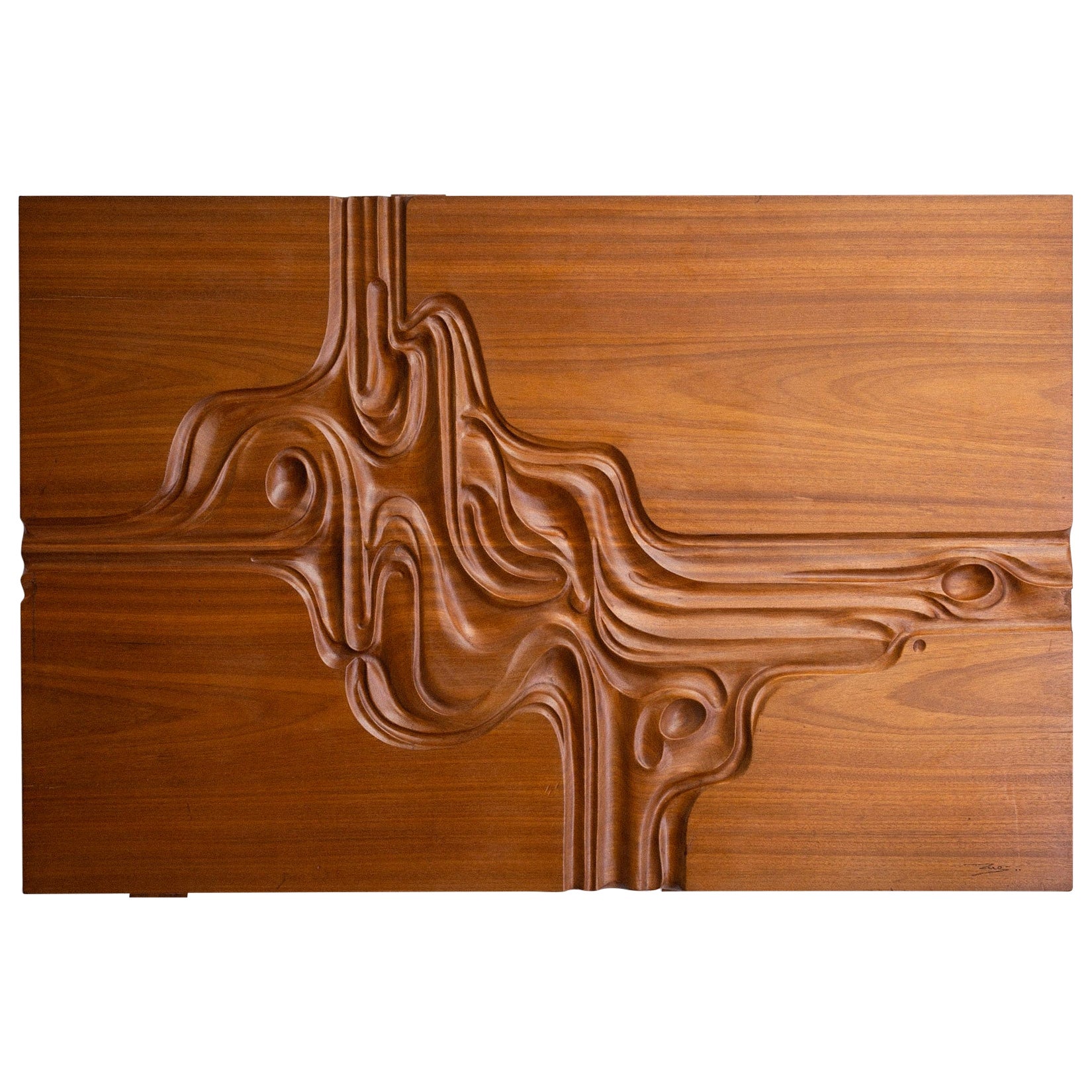 Midcentury Carved Wood Abstract Art Panel