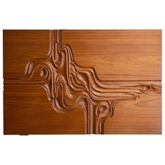 Midcentury Carved Wood Abstract Art Panel