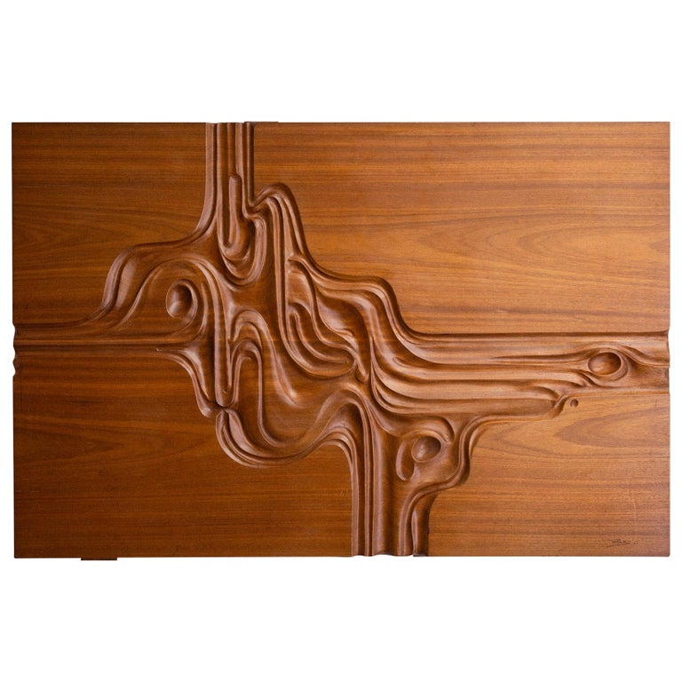 Mid Century Carved Wood Abstract Art Panel For Sale at 1stDibs