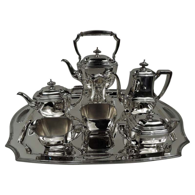 Arthur Stone Sterling Silver Tea Set Tilting Kettle on Cradle w Tray ...