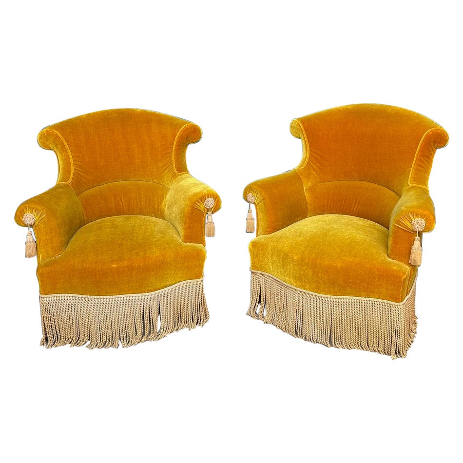 Pair of French NAP III Armchairs in Gold Velvet