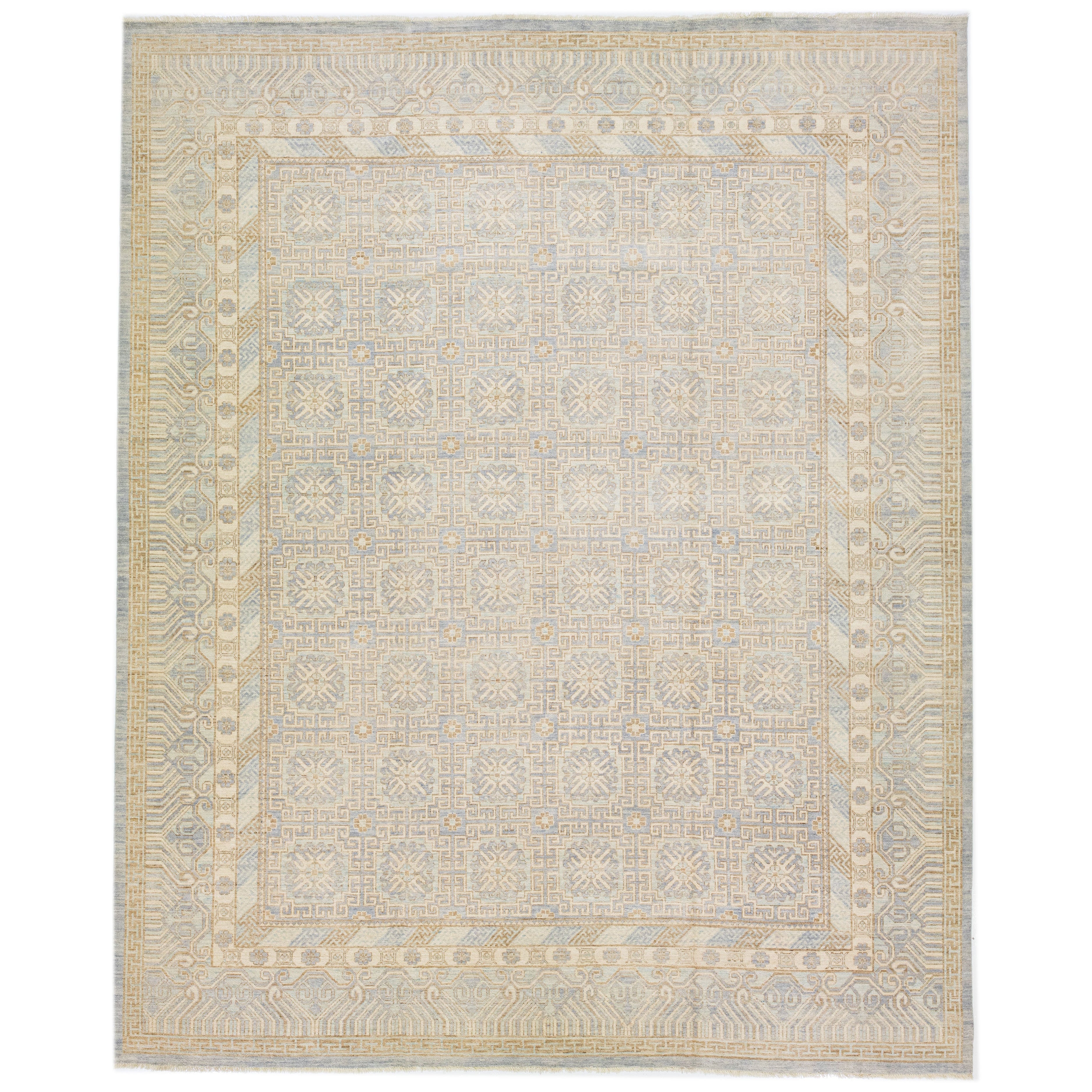 Oversize Modern Khotan Style Wool Rug with Geometric Pattern in Beige For Sale