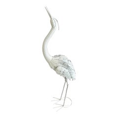 Small White Lacquered Metal Statue of a Stork Looking Up and Front