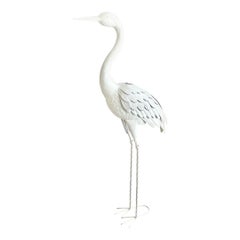 Tall White Lacquered Metal Statue of a Stork Looking Up