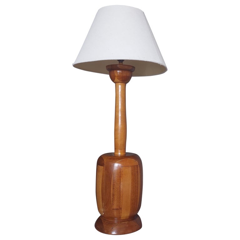 Midcentury Teak Marquetry Table Lamp Base, Inlaid Wooden Accent Light