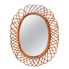 Midcentury Oval Mirror with Woven Rattan or Wicker Frame