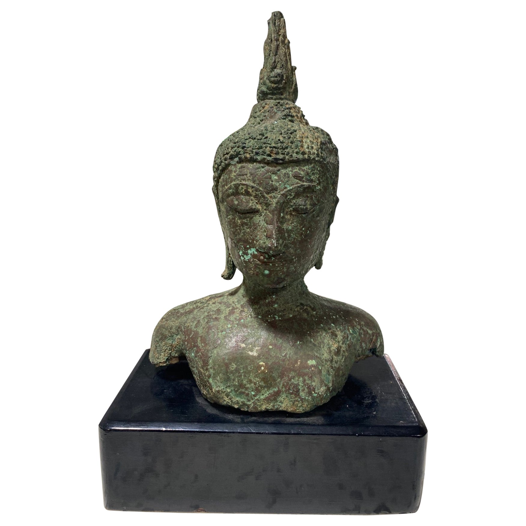 Bronze Thai Siam Asian Temple Shrine Buddha Head Bust Fragment 18th-19th Century