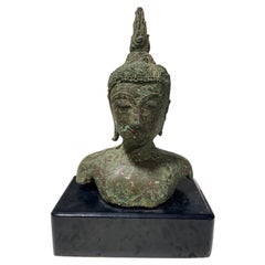 Bronzo Thai Siam Asian Temple Shrine Buddha Head Bust Frammento del XVIII-XIX secolo