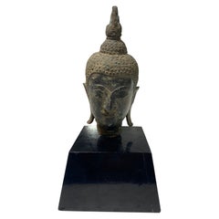 Buddha-Kopf-Büste-Fragment aus Bronze, Thai Siam Asiatisches Tempelschrein, 18.-19. Jahrhundert