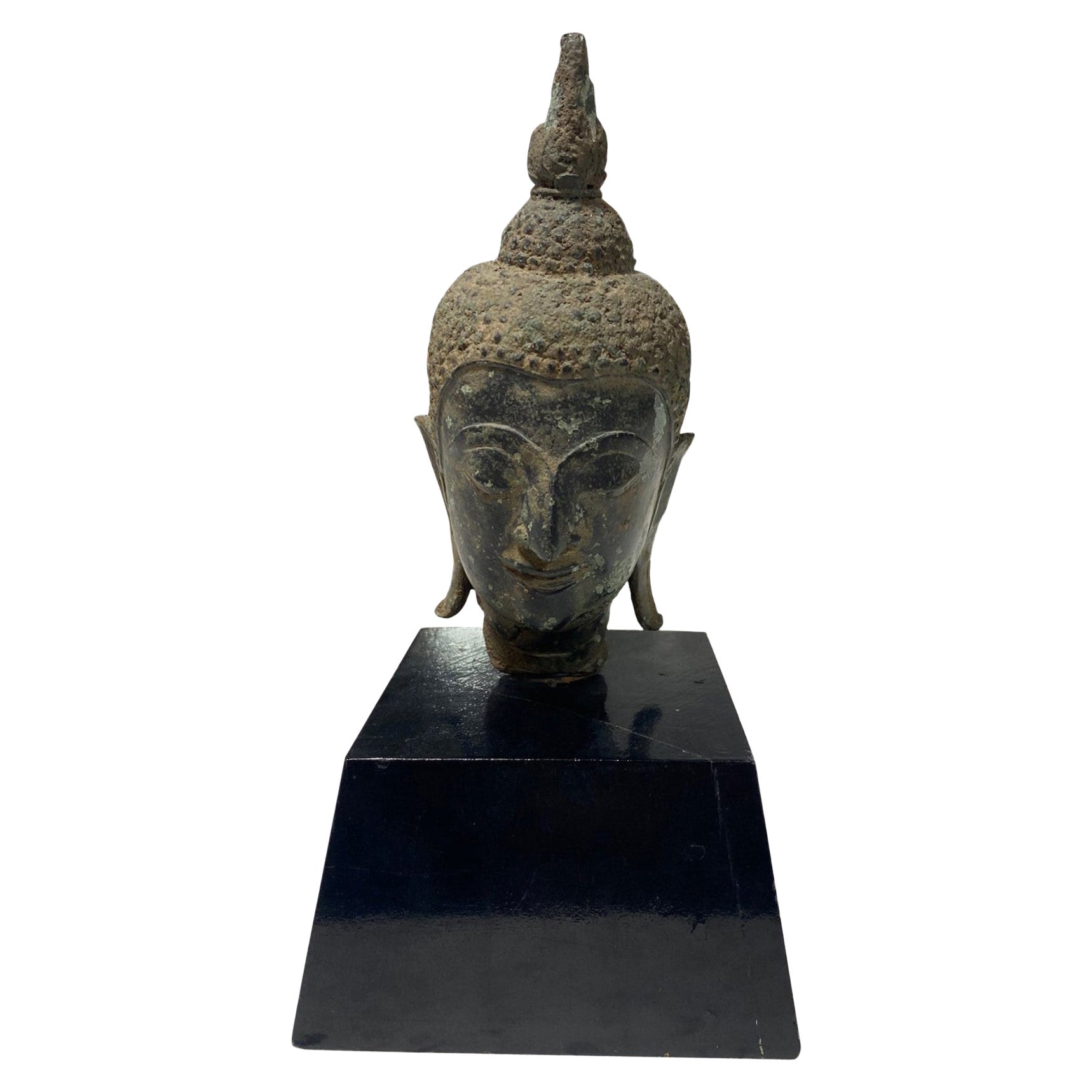 Bronzo Thai Siam Asian Temple Shrine Buddha Head Bust Frammento del XVIII-XIX secolo