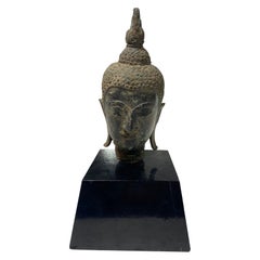 Bronze Thai Siam Asian Temple Shrine Buddha Head Bust Fragment 18th-19th Century