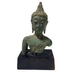 Bronze Thai Siam Asian Temple Shrine Buddha Head Bust Fragment 18th-19th Century