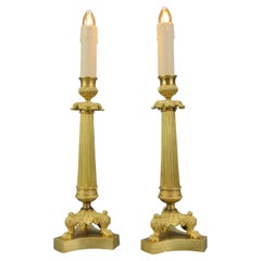 Pair of French Empire Style Bronze Candlestick Table Lamps on Tripod Base
