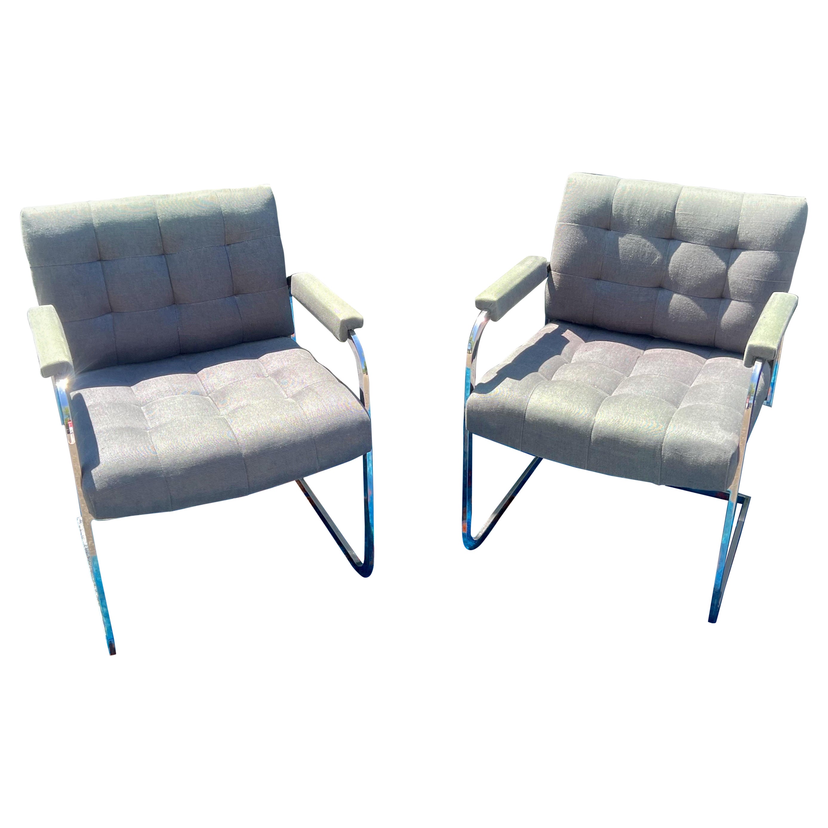 1970 Milo Baughman Thin Line Style Chrome Arm Chairs - a Pair