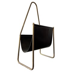 Vintage Carl Auböck Magazine Holder in Brass and Black Leather